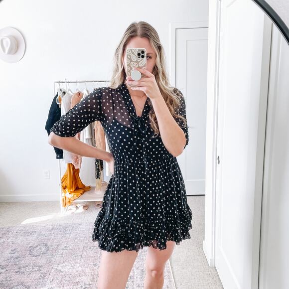NICHOLAS Black Polka Dot Chiffon Ruffle Mini Dress - Picture 1 of 16
